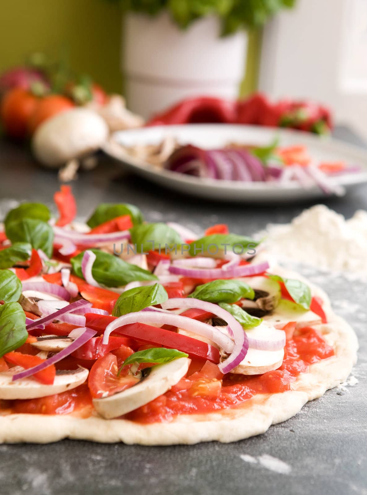 Italian style vegetarian pizza on the counter waiting to be baked.