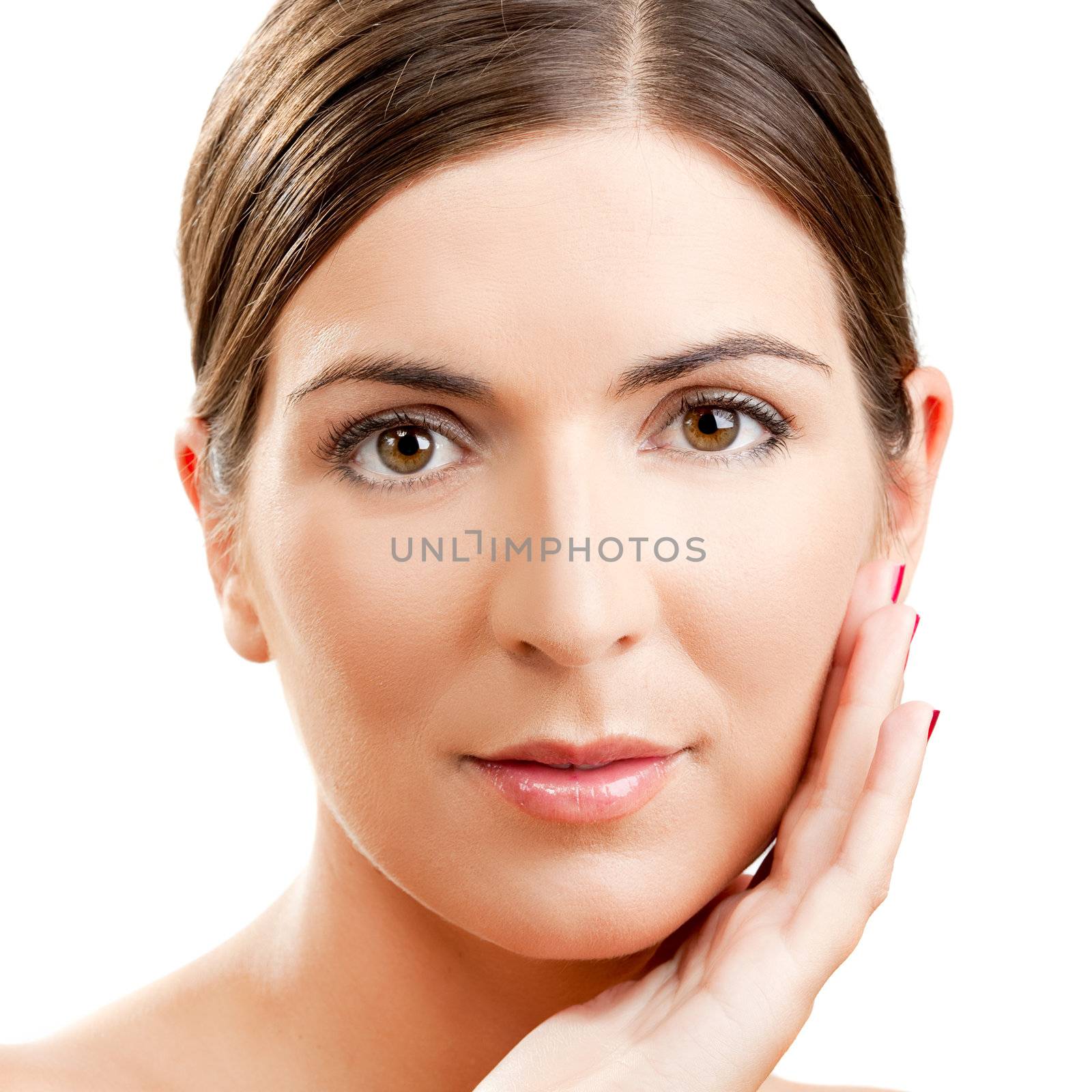 Close-up portrait of a beautiful and fresh woman isolated on white