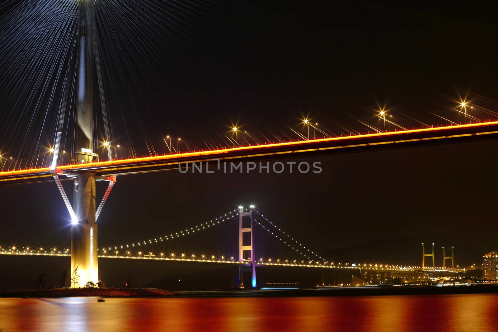 bridges in Hong Kong at night, Ting Kau Bridge and Tsing ma Bridge