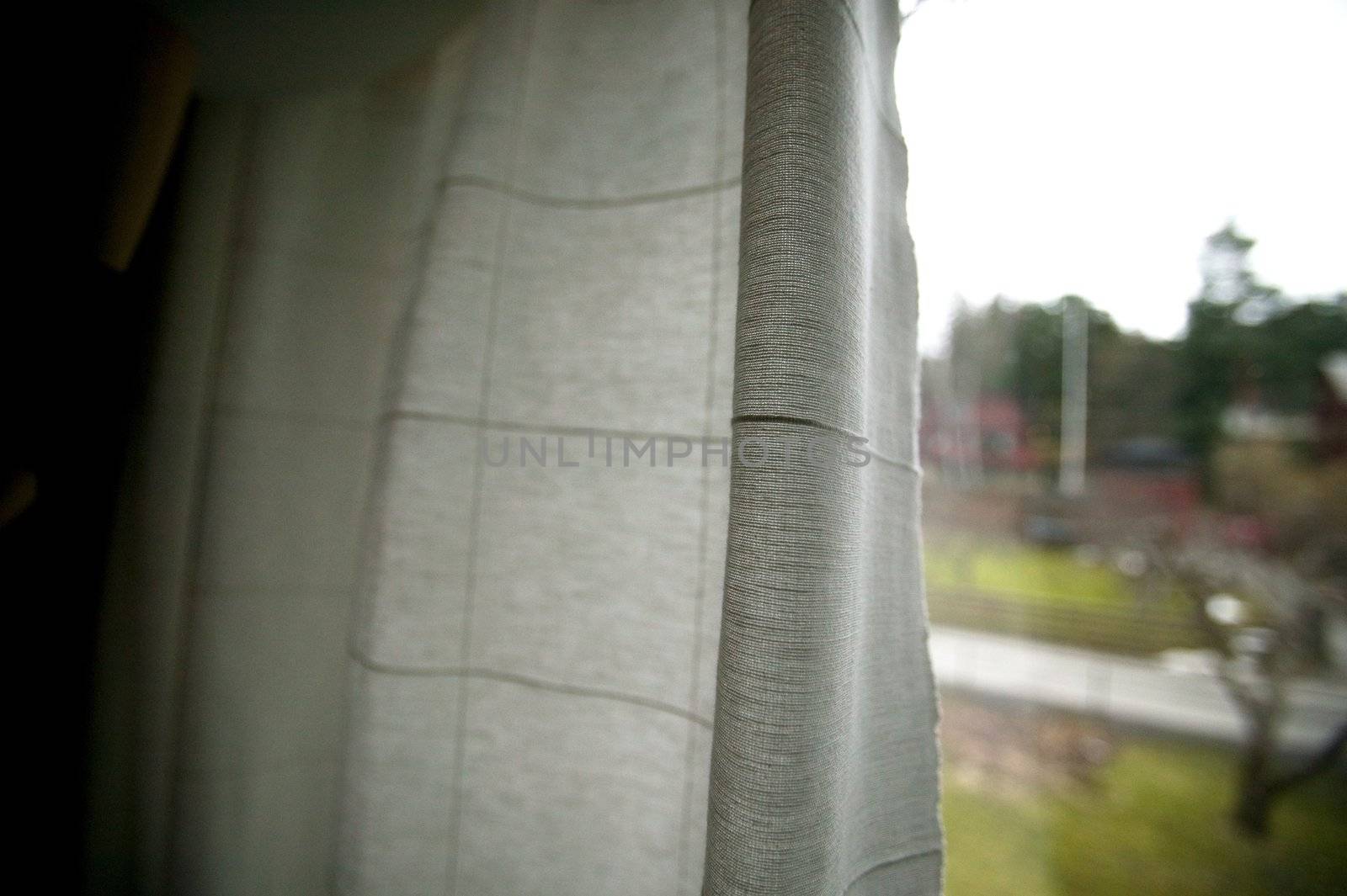 A person peering out behind window curtains - A recluse hiding in a dark house looking out into the day.