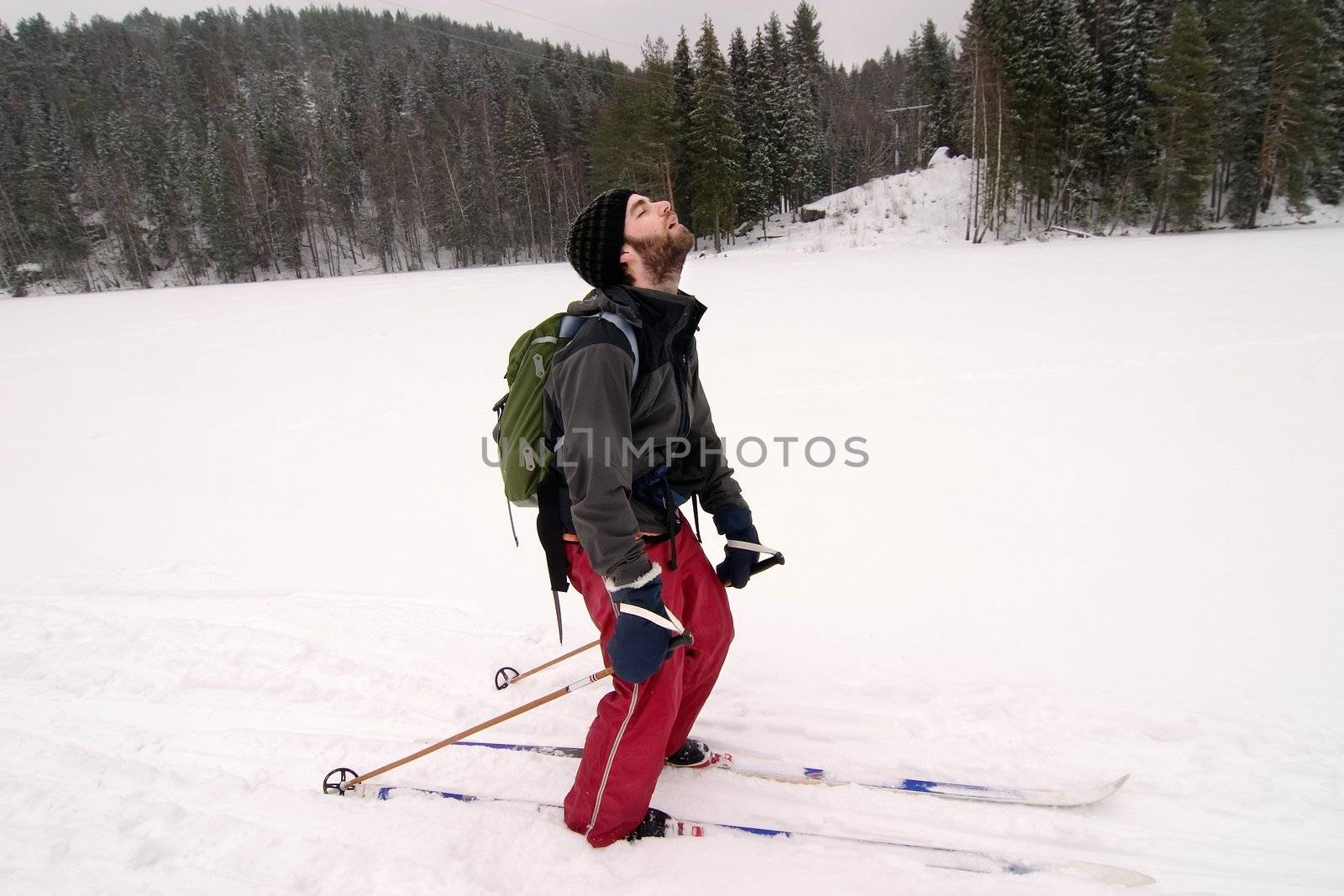 A cross country skiier looking like he is very tired. Humorous image.