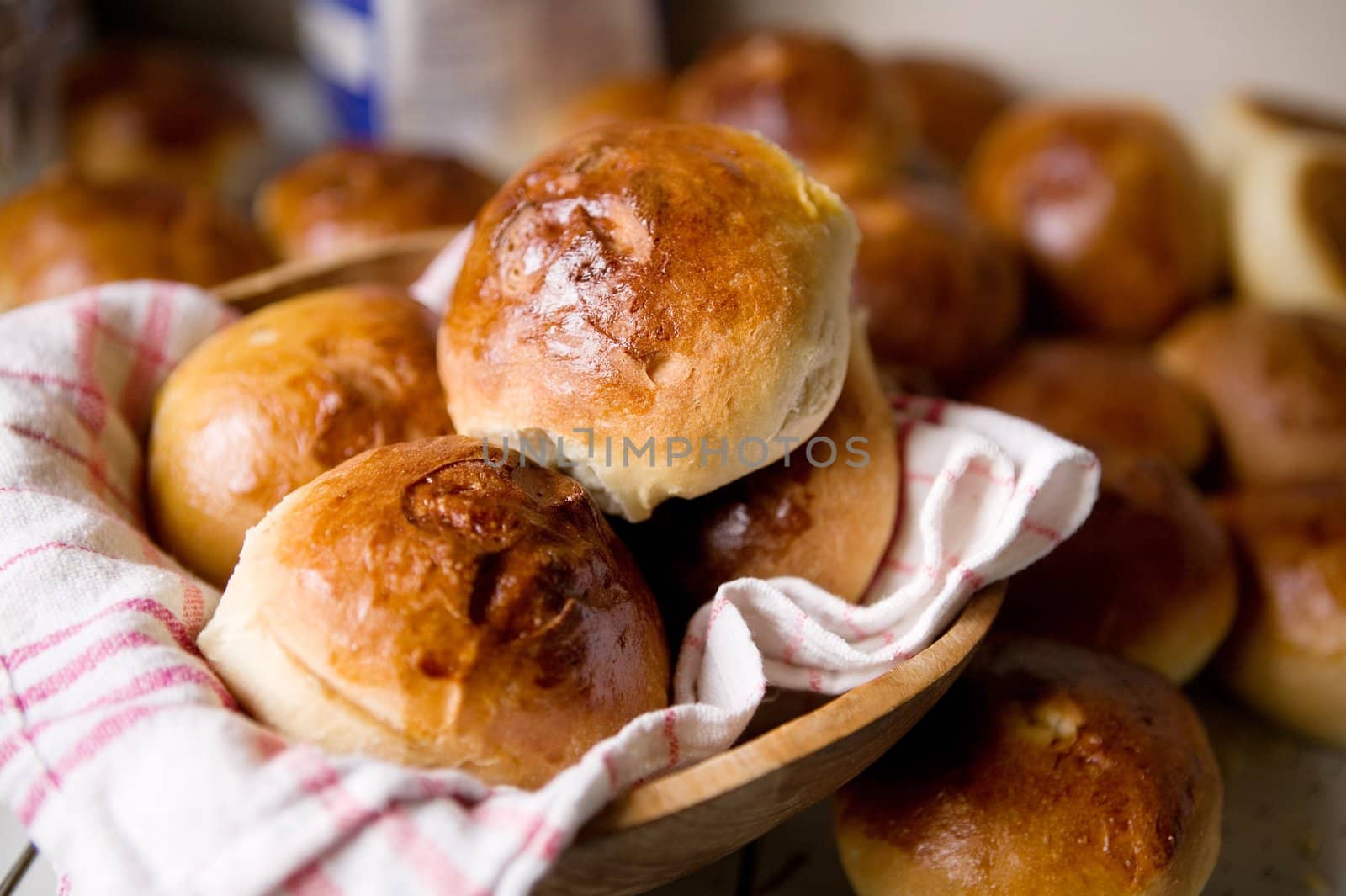 Close up detail of freshly baked hot cross buns.