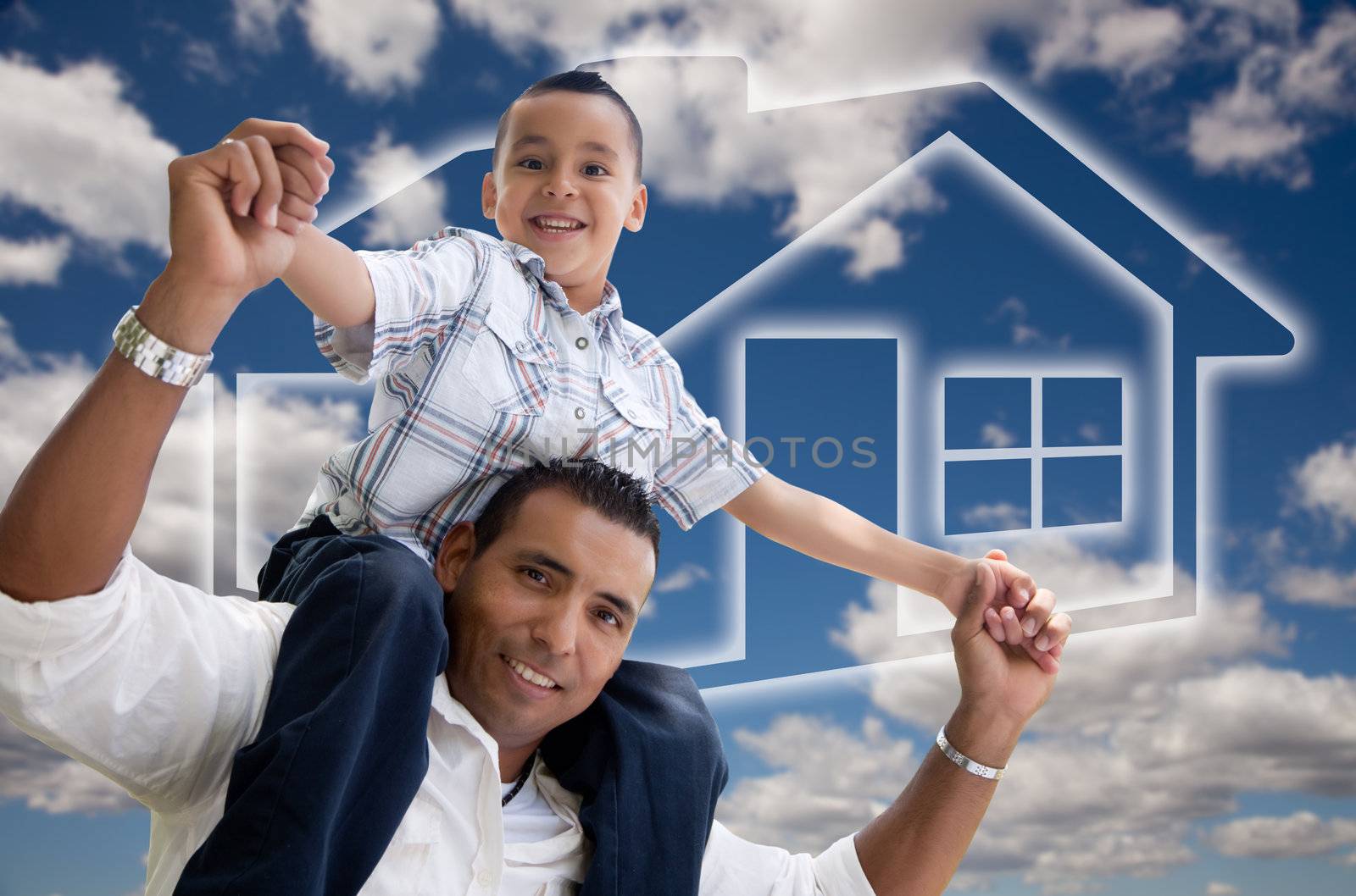 Happy Hispanic Father and Son Over Clouds, Sky and House Icon.