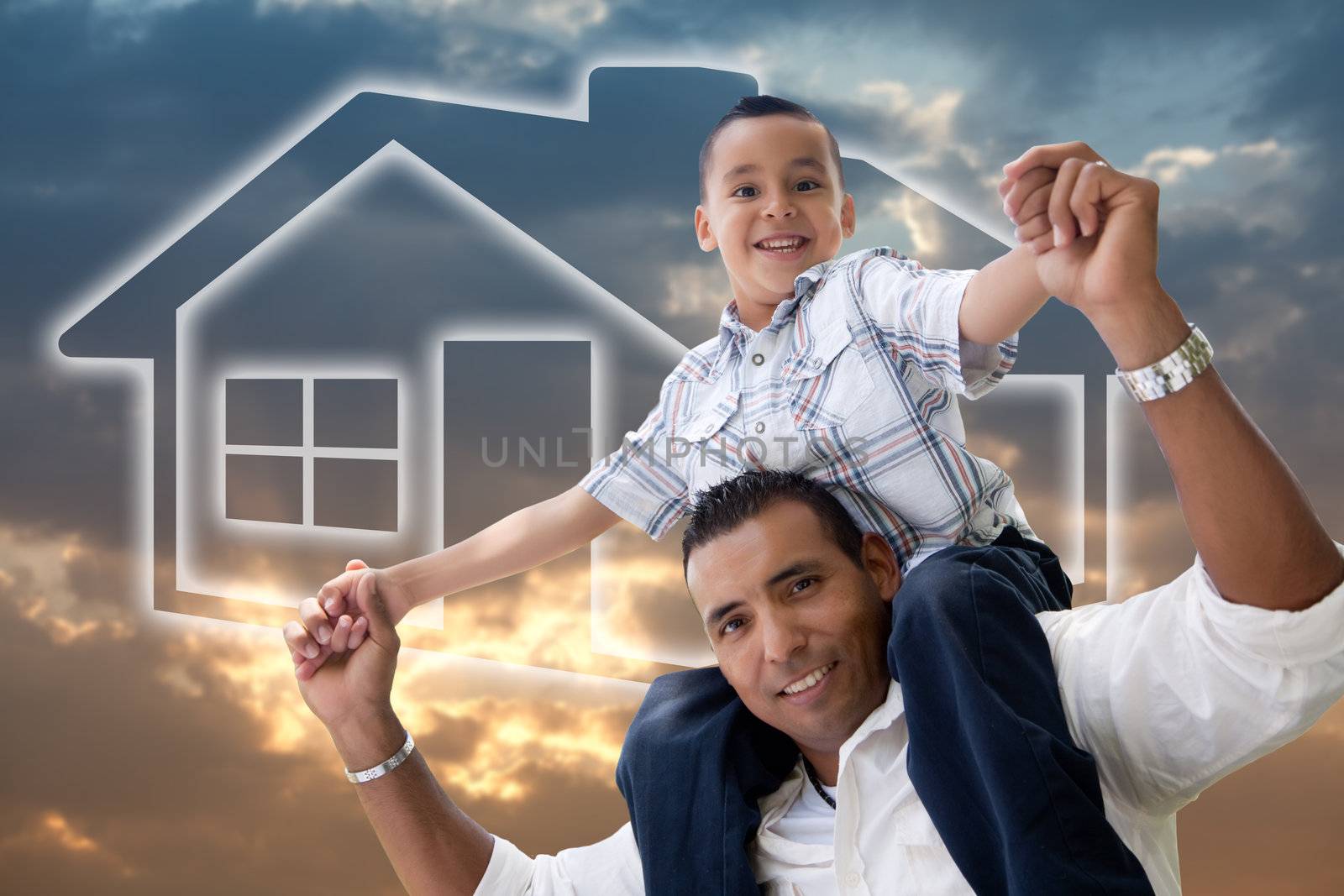 Father and Son Over Clouds, Sky and House Icon. by Feverpitched