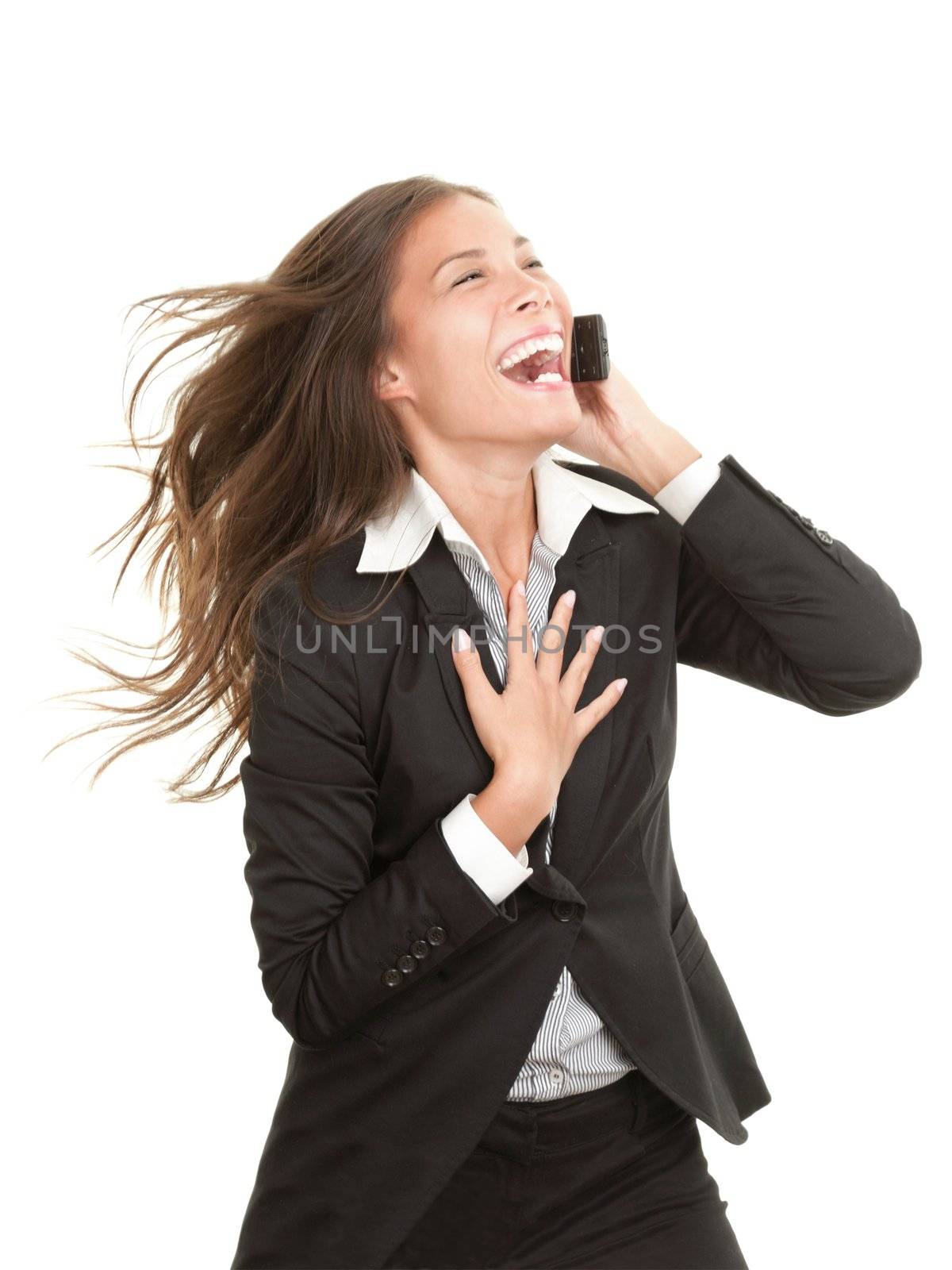 Woman talking on mobile phone isolated. Beautiful businesswoman laughing on cell phone. Dynamic image isolated on white background.