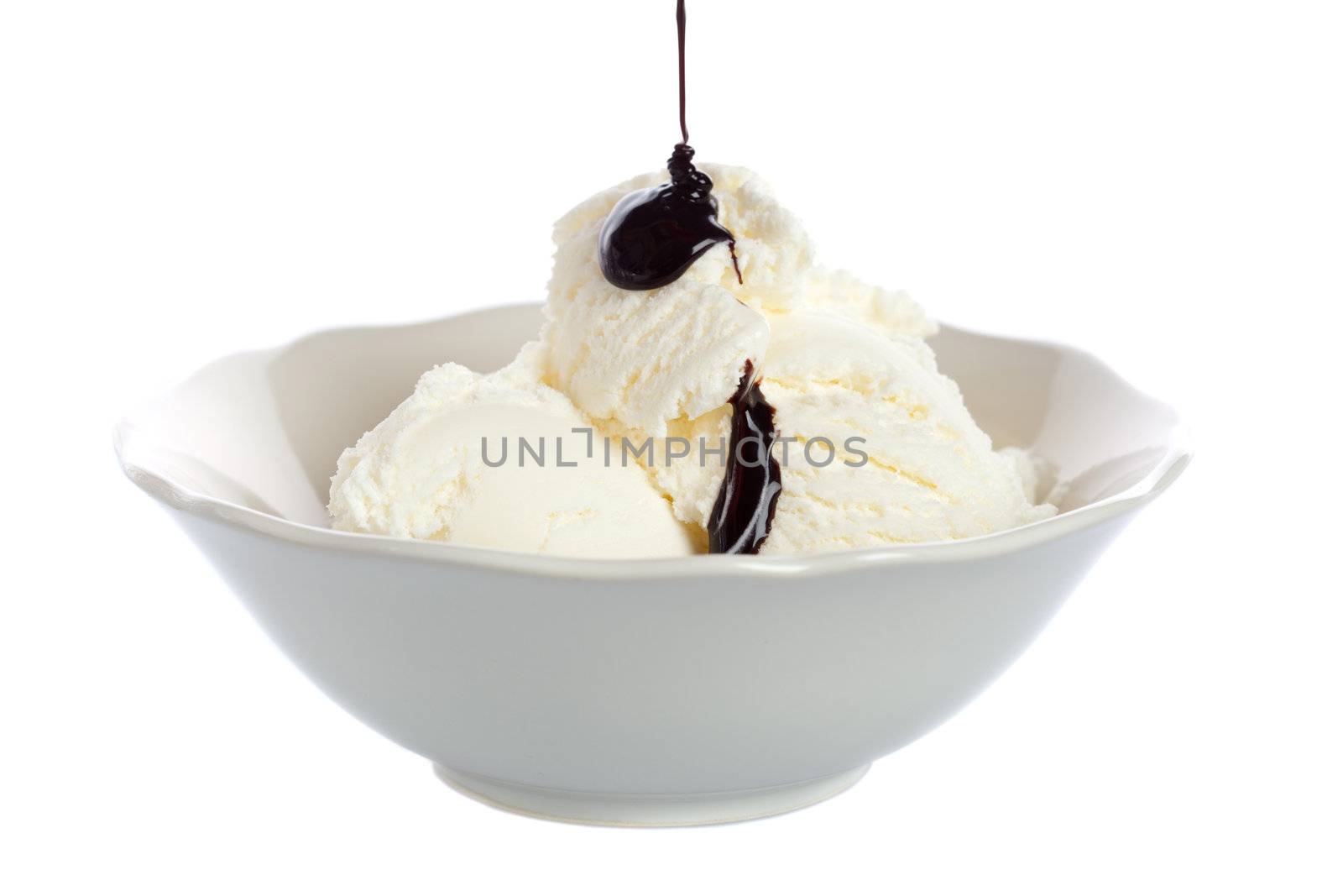 Bowl of vanilla icecream with dark chocolate sauce on top