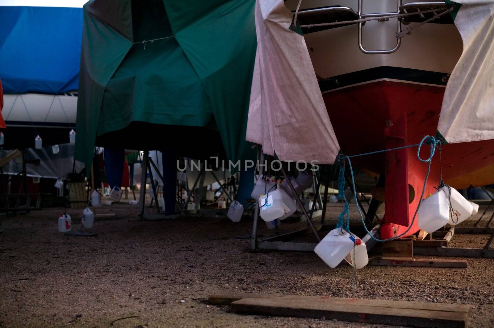 Boats on dry land being stored for the winter months.