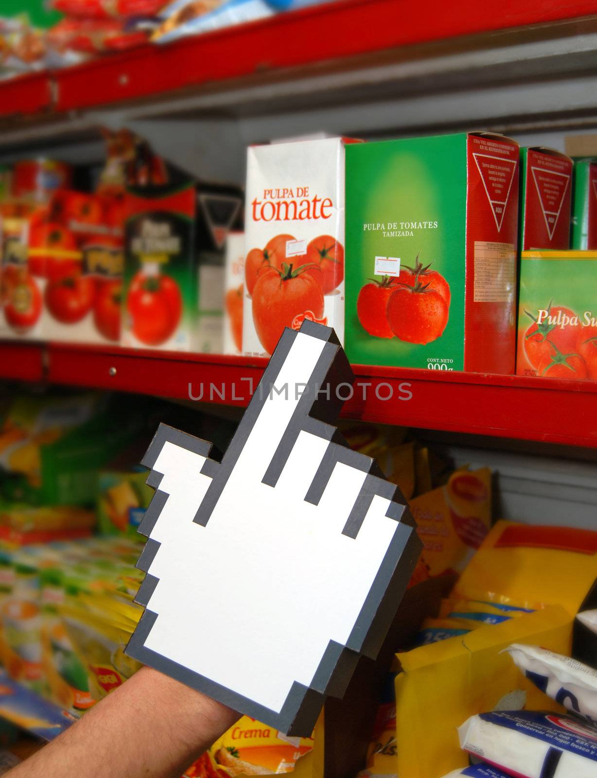 Add your preferred real good to the online cart with the cursor hand. Conceptual photo of buying online as in real life.