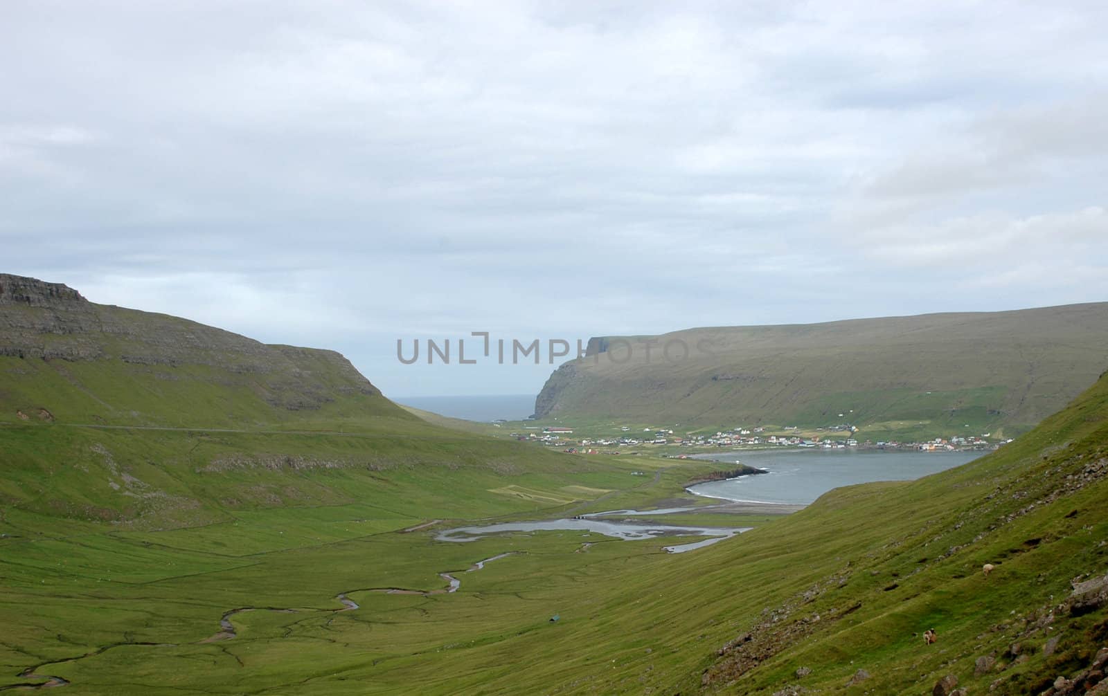 Faroese village Hvalba on Suduroy, located in a lsuh green valley by the Atlantic ocean. 