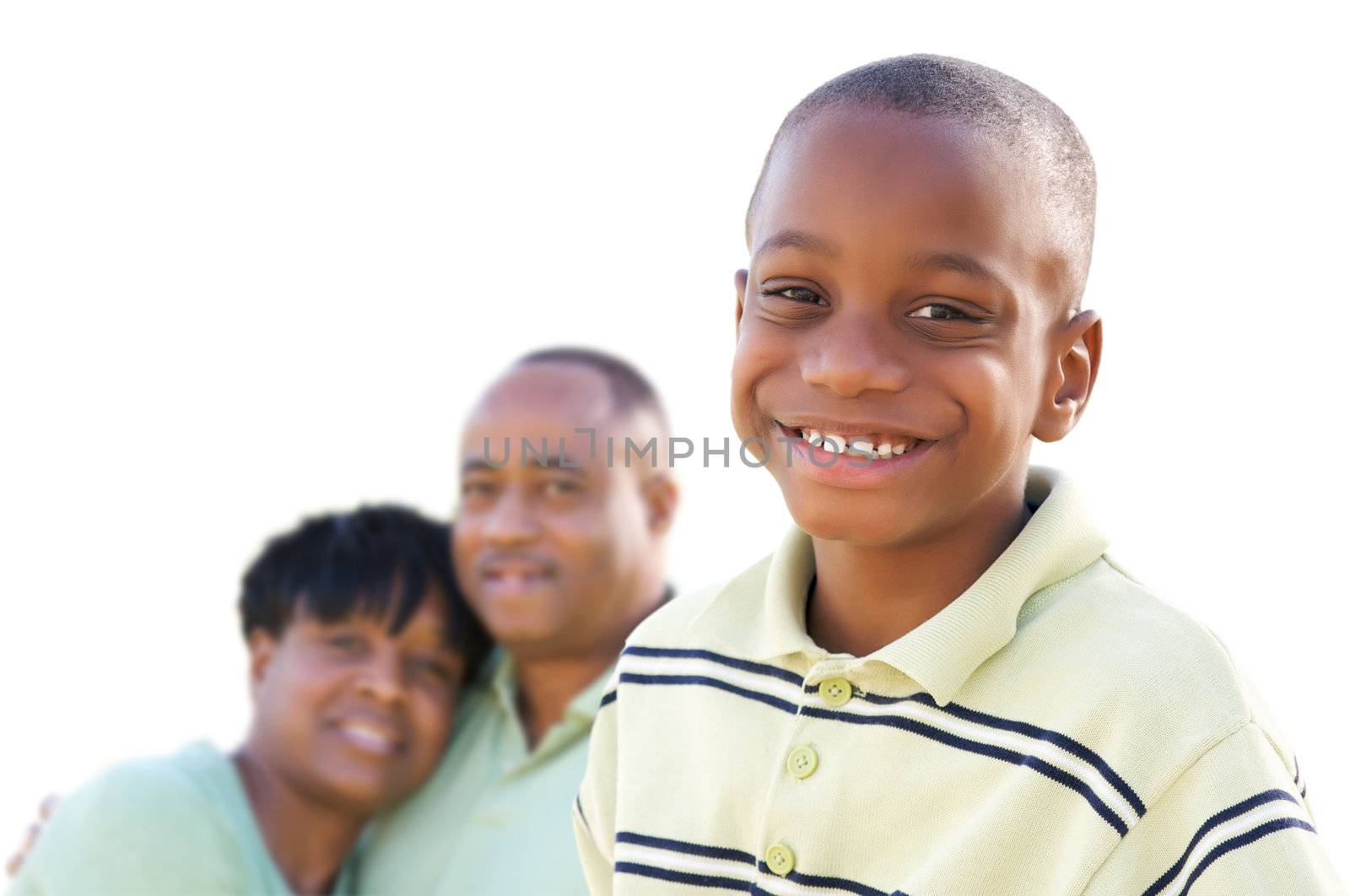 Handsome African American Boy with Parents Isolated on a White Background.