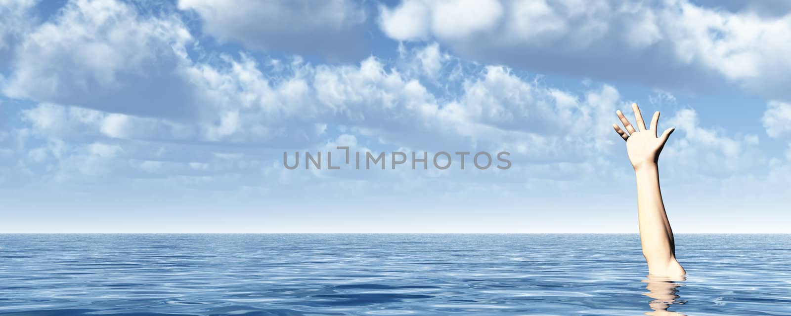 arm on water landscape and blue cloudy sky - 3d illustration