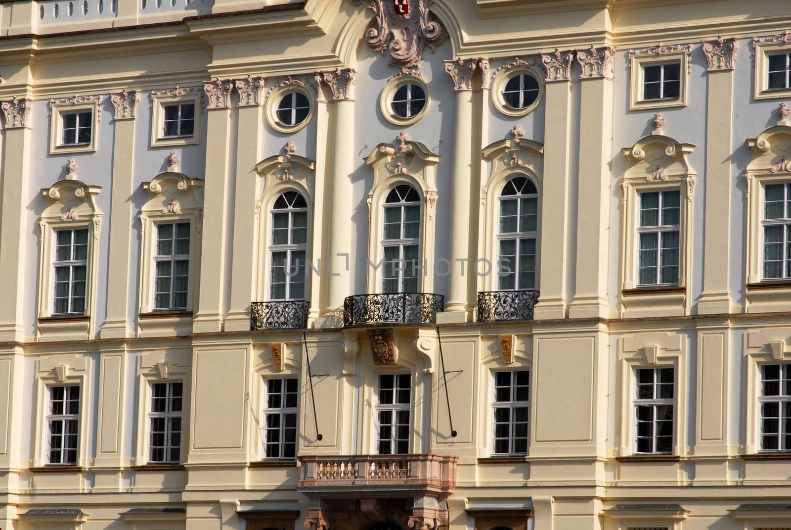Arquitectural detail of balconies in a Prague building 