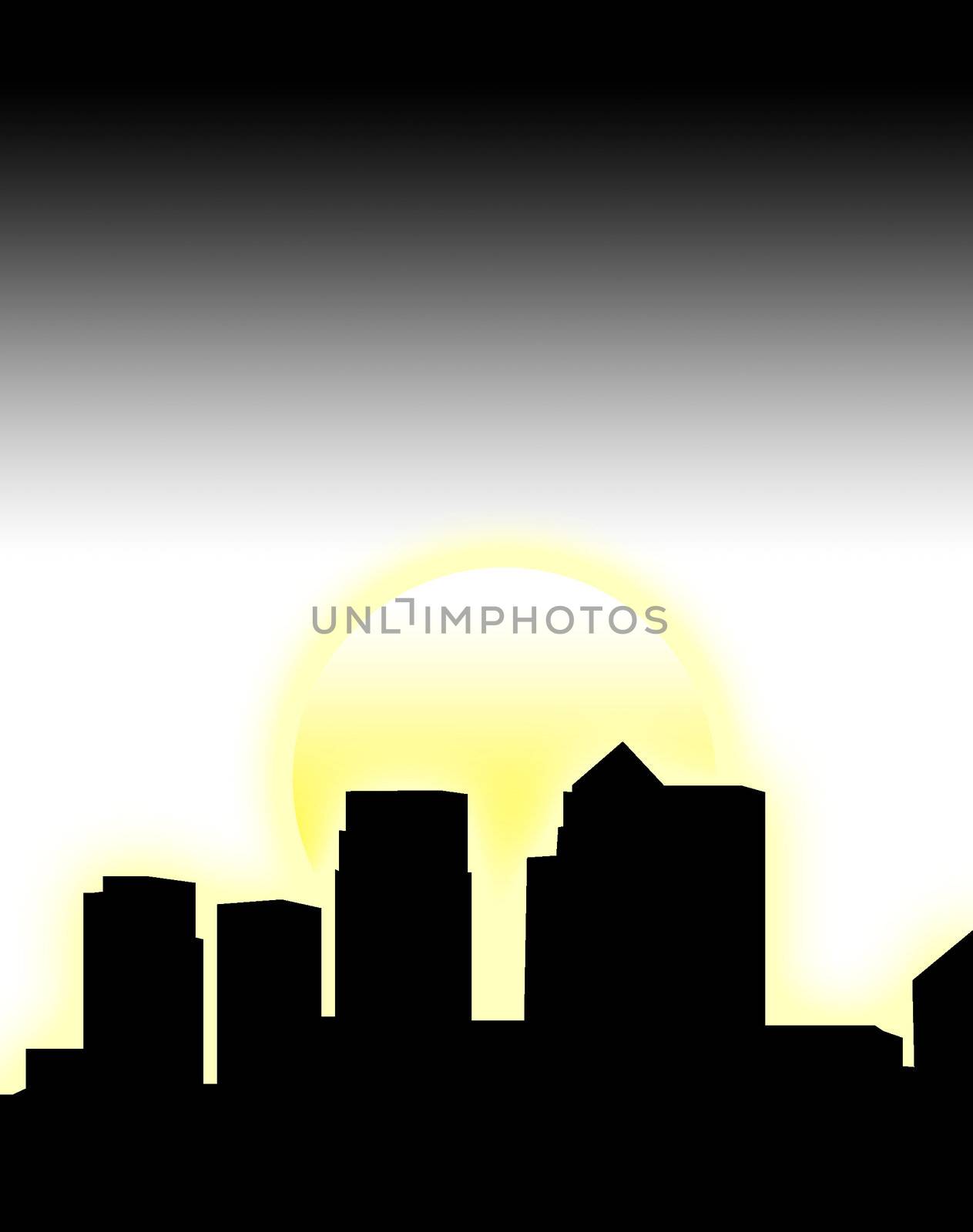 A silhouette of a London skyline with a sun background.
