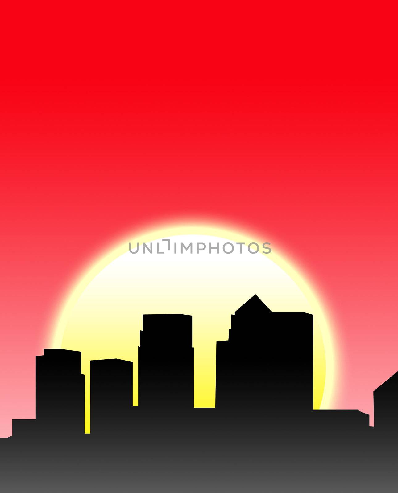 A silhouette of a London skyline with a sun background.

