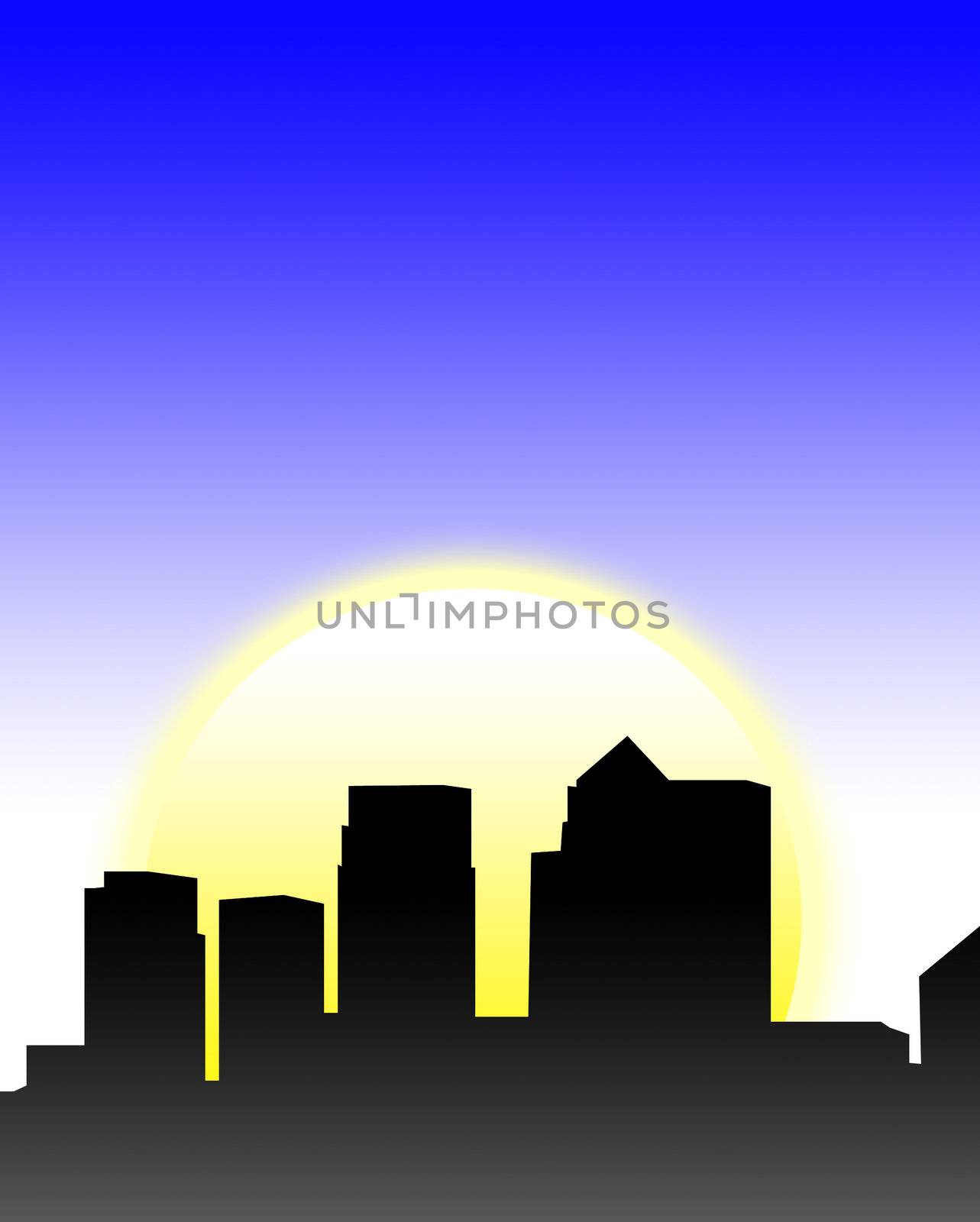 A silhouette of a London skyline with a sun background.
