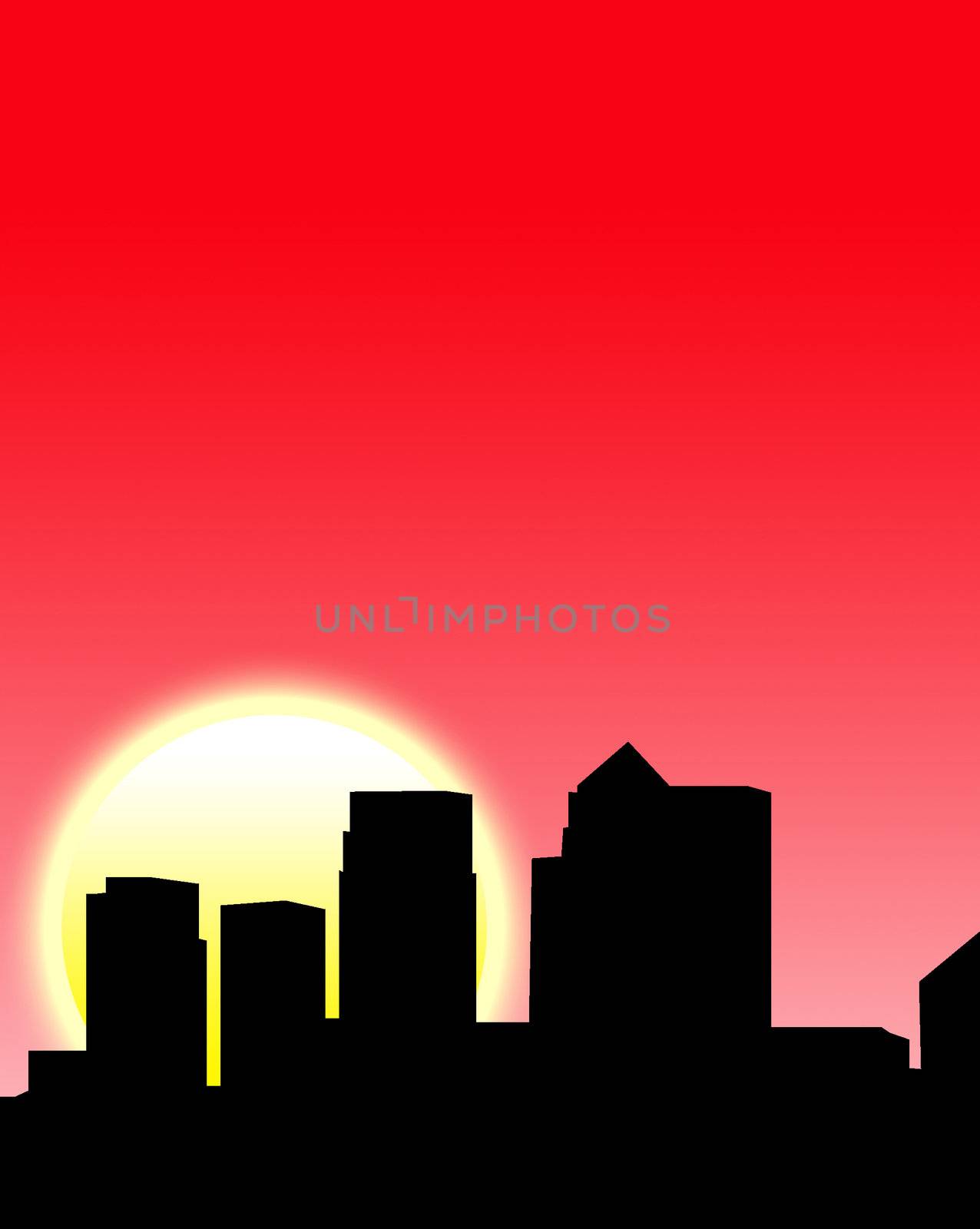 A silhouette of a London skyline with a sun background.
