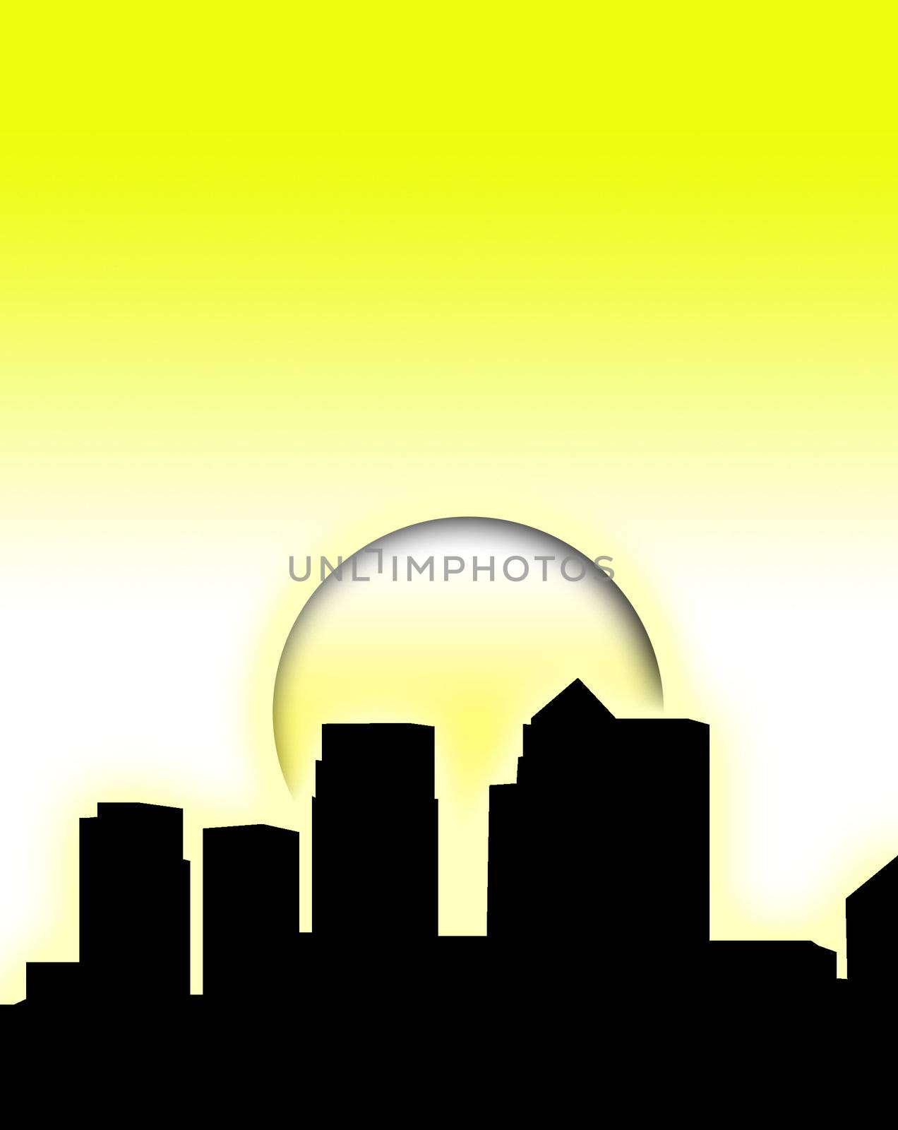 A silhouette of a London skyline with a sun background.
