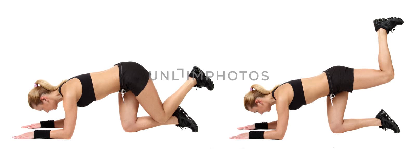The girl, the instructor shows different exercises