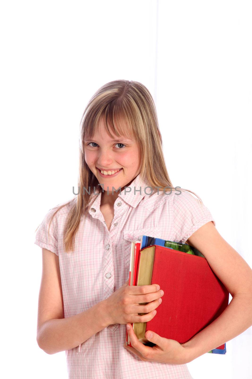 Blond, smiling girl with books under his arm by Farina6000