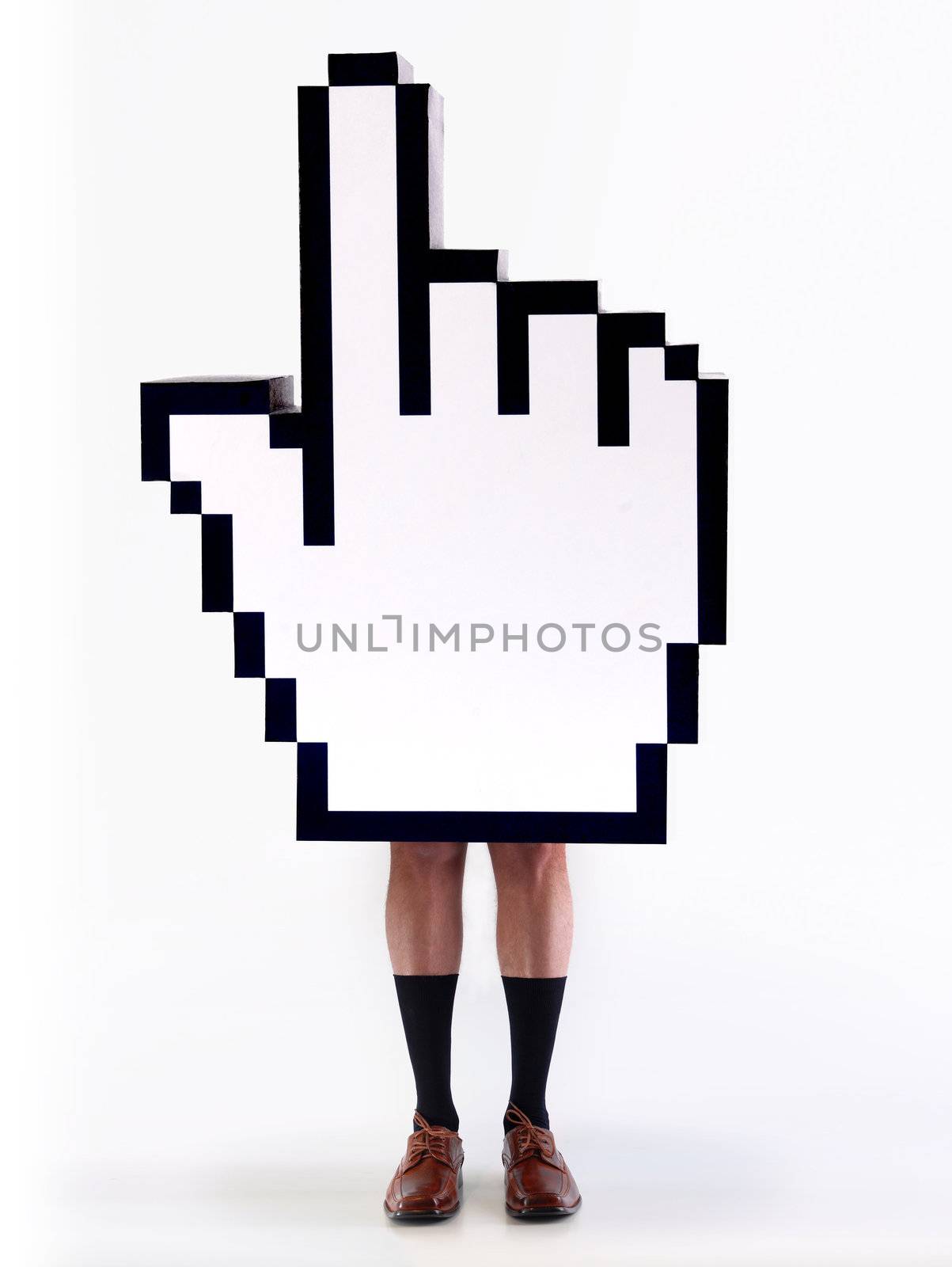 E-commerce hand cursor with the legs of a man, ready to close business. White background