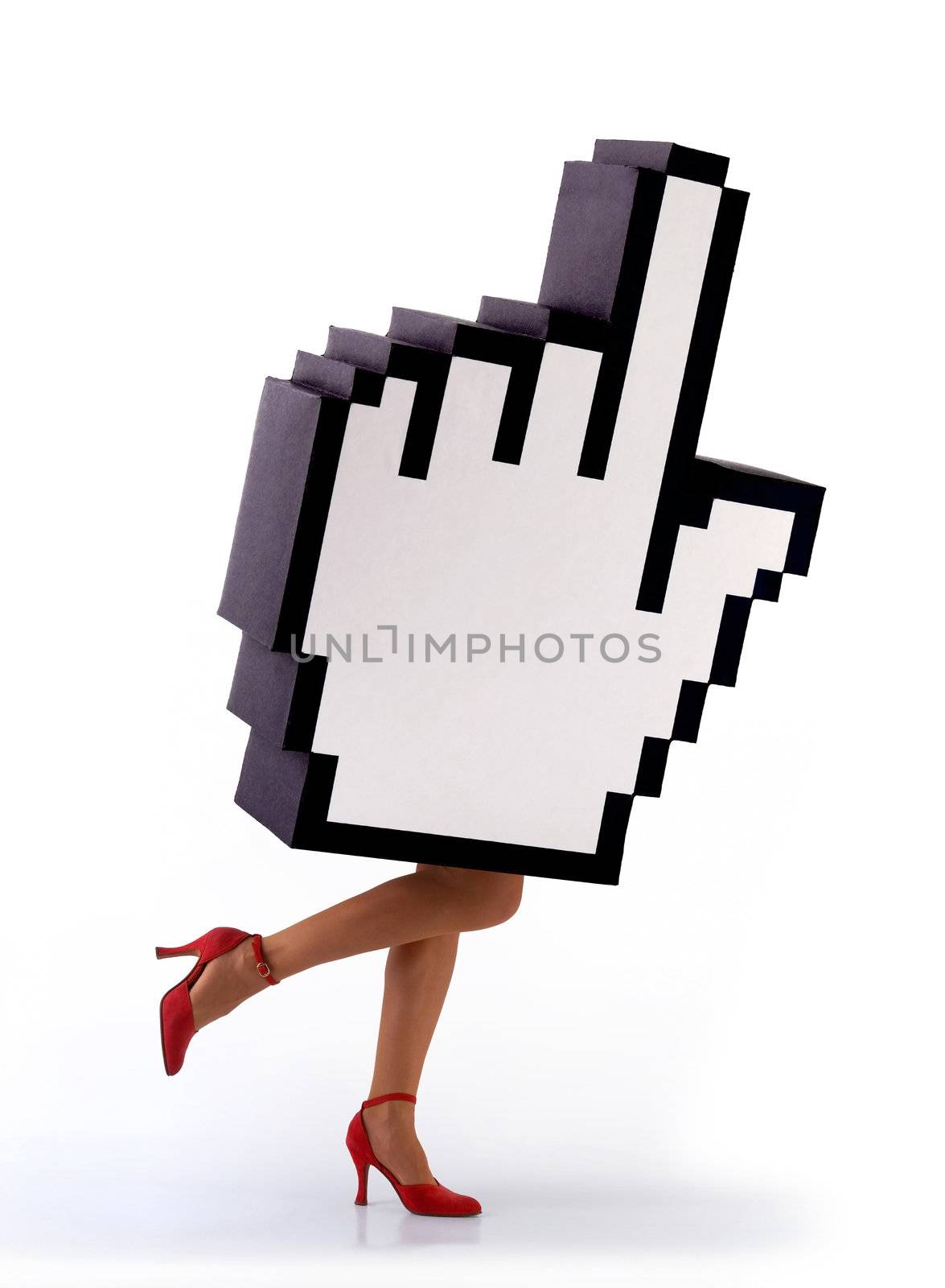 E-commerce hand cursor with legs of a woman running by cienpies