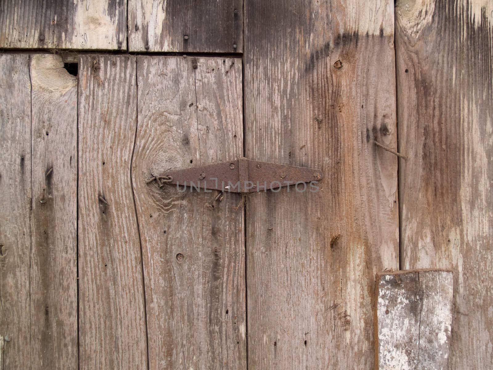 Old rusted hinge on very old wood. Nice grunge texture.