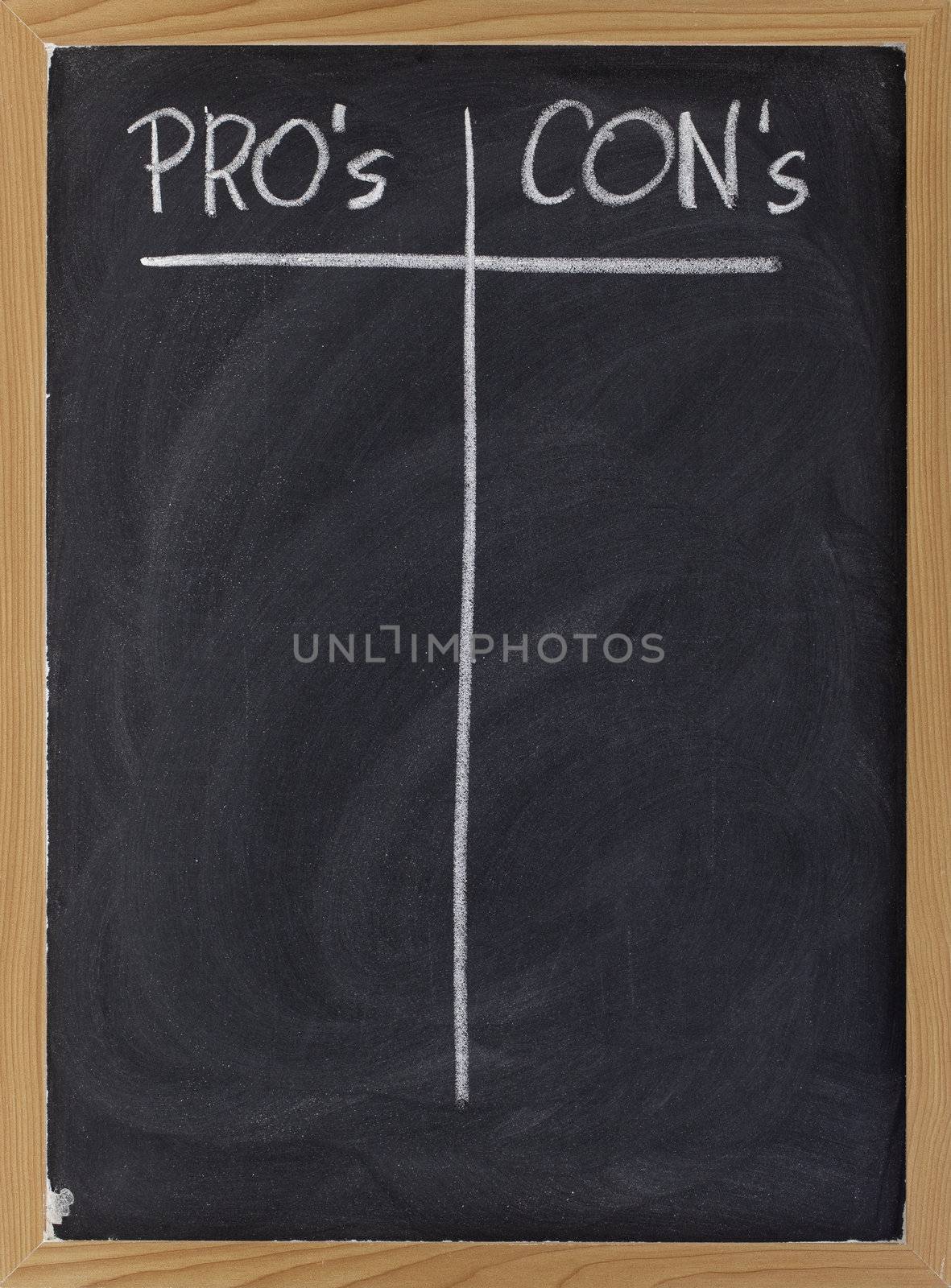 pros and cons, blank list of pro and con arguments - white chalk handwriting on a blackboard