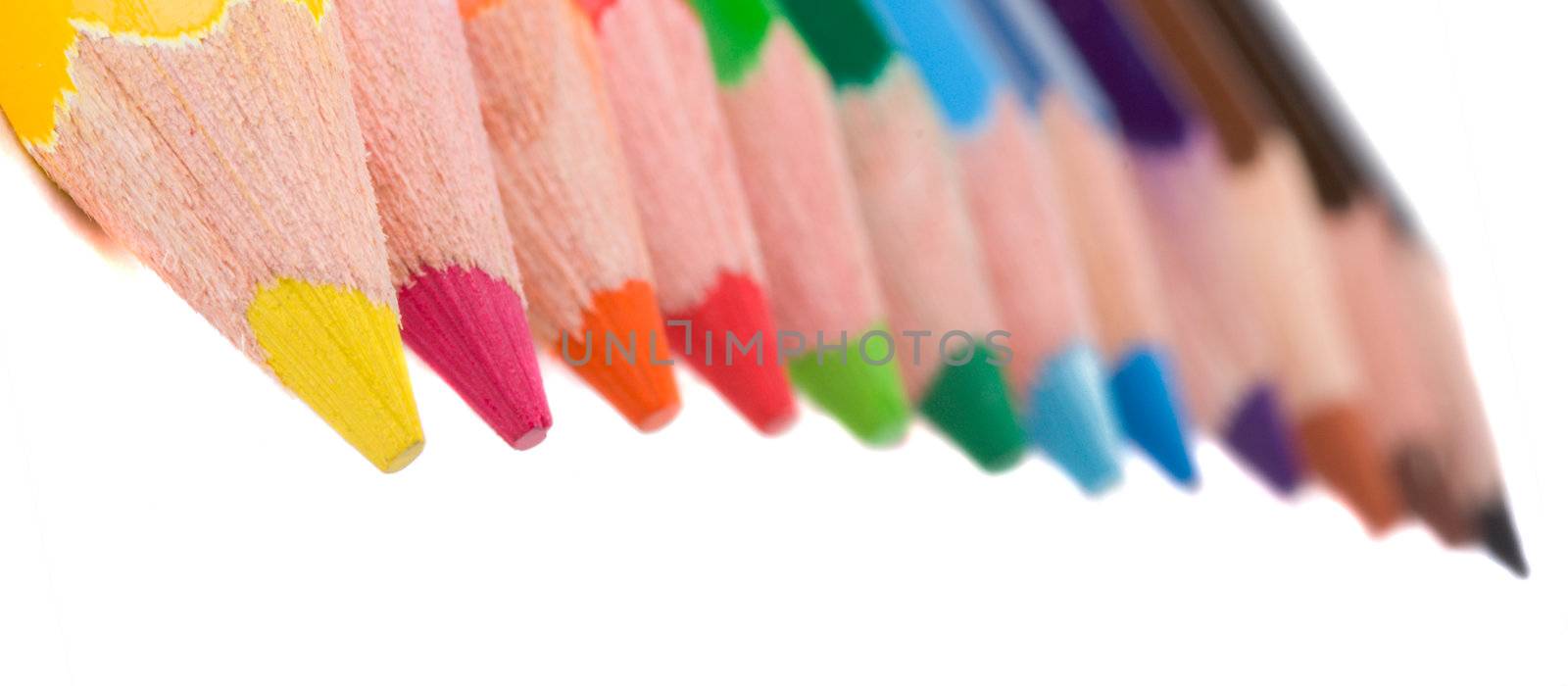 close-up group of color pencils, isolated on white
