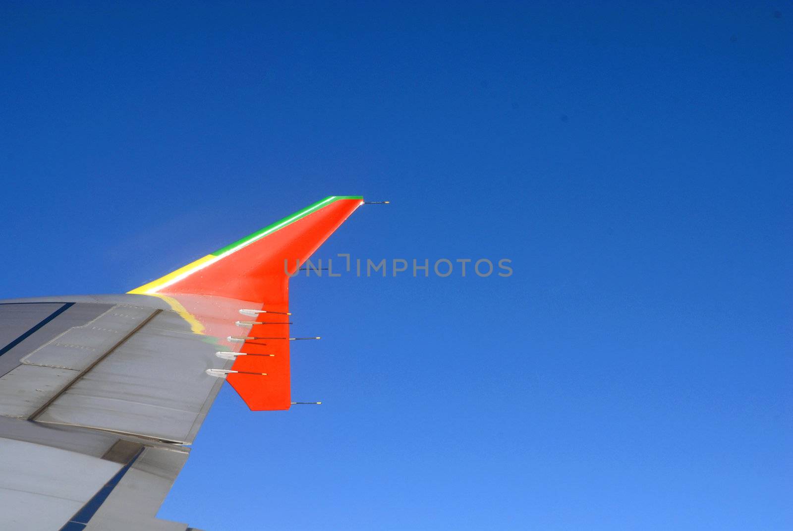 clear sky with airplane wings detail.