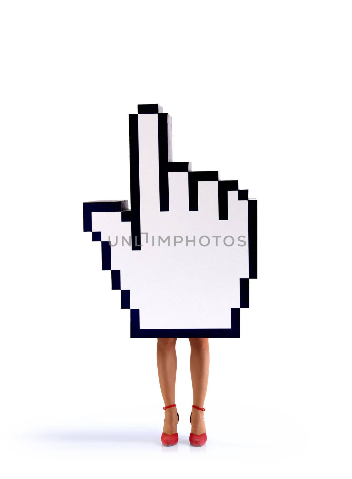 E-commerce hand cursor with the legs of a woman, ready to close business. White background