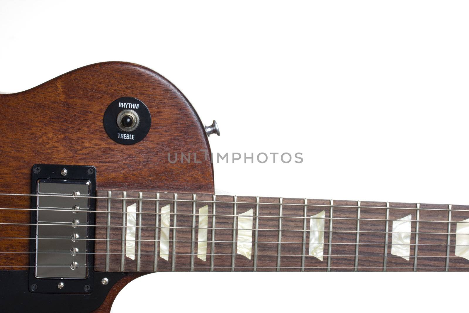 detail of a guitar neck on white background