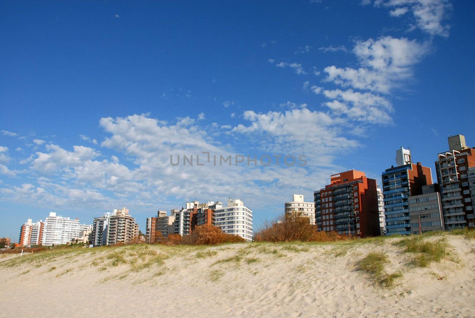 Buildings a sand dune beach panorma by cienpies