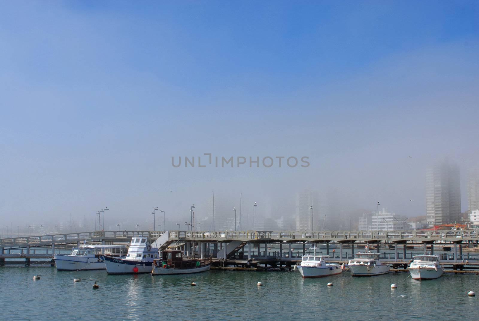 Yachts and boats lined up at the marina on a foggy day 