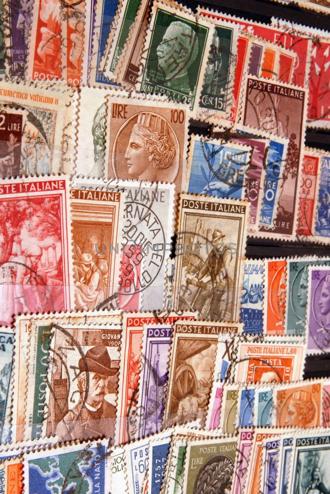 Diverse and colorful vintage postage stamps from Italy. Old collection.

