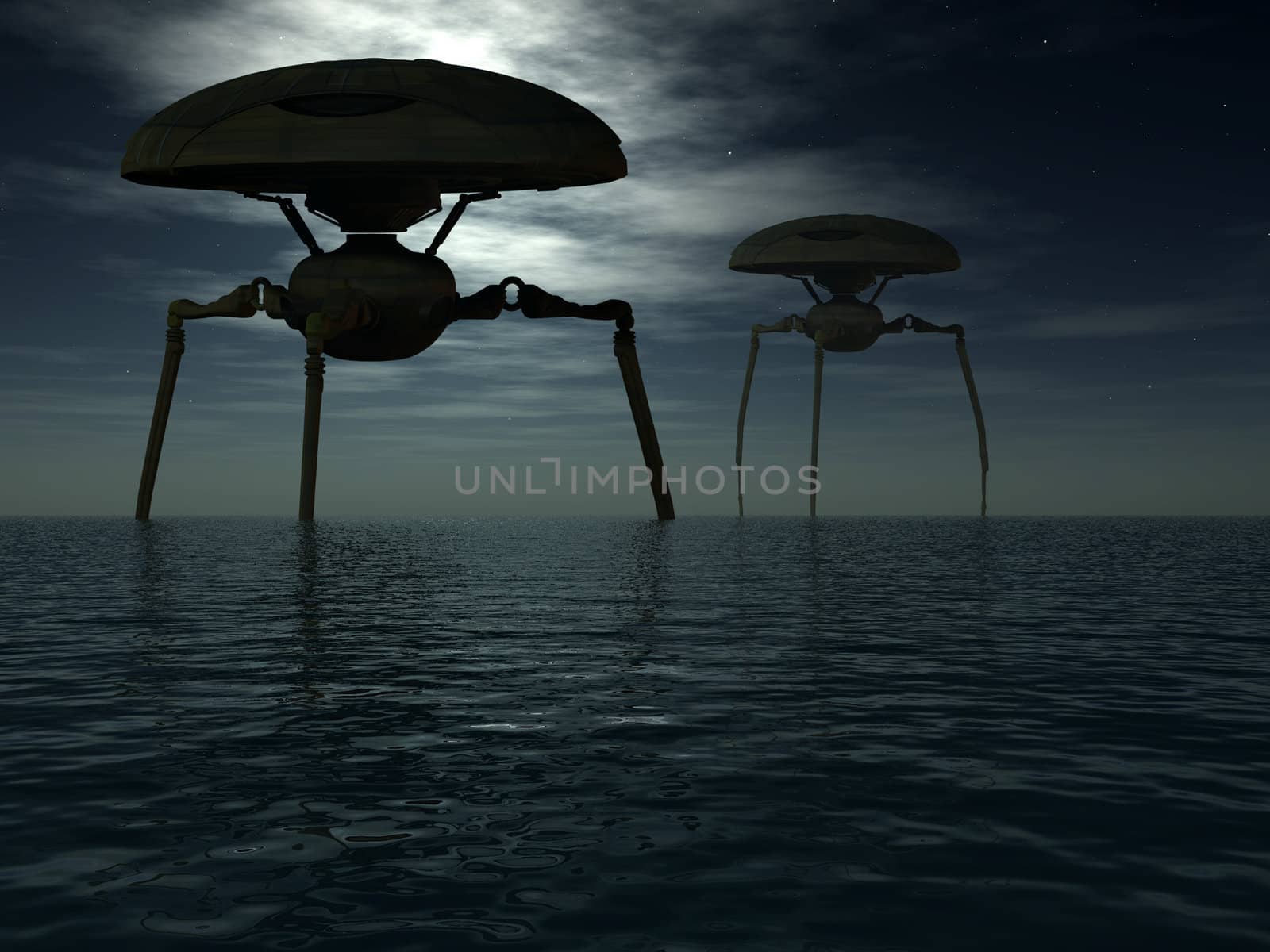 Alien Tripods In Ocean by harveysart