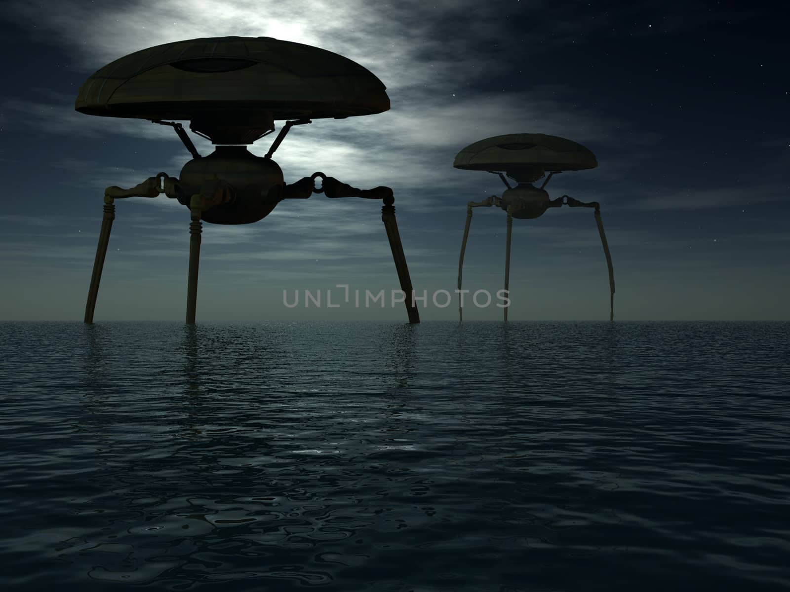 Alien tripods walking around an ocean at night.