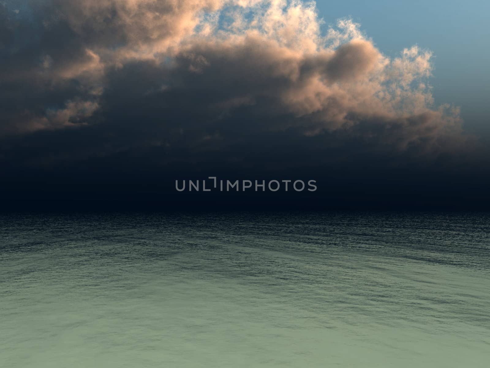 A very dark cloudy sky over the ocean. 