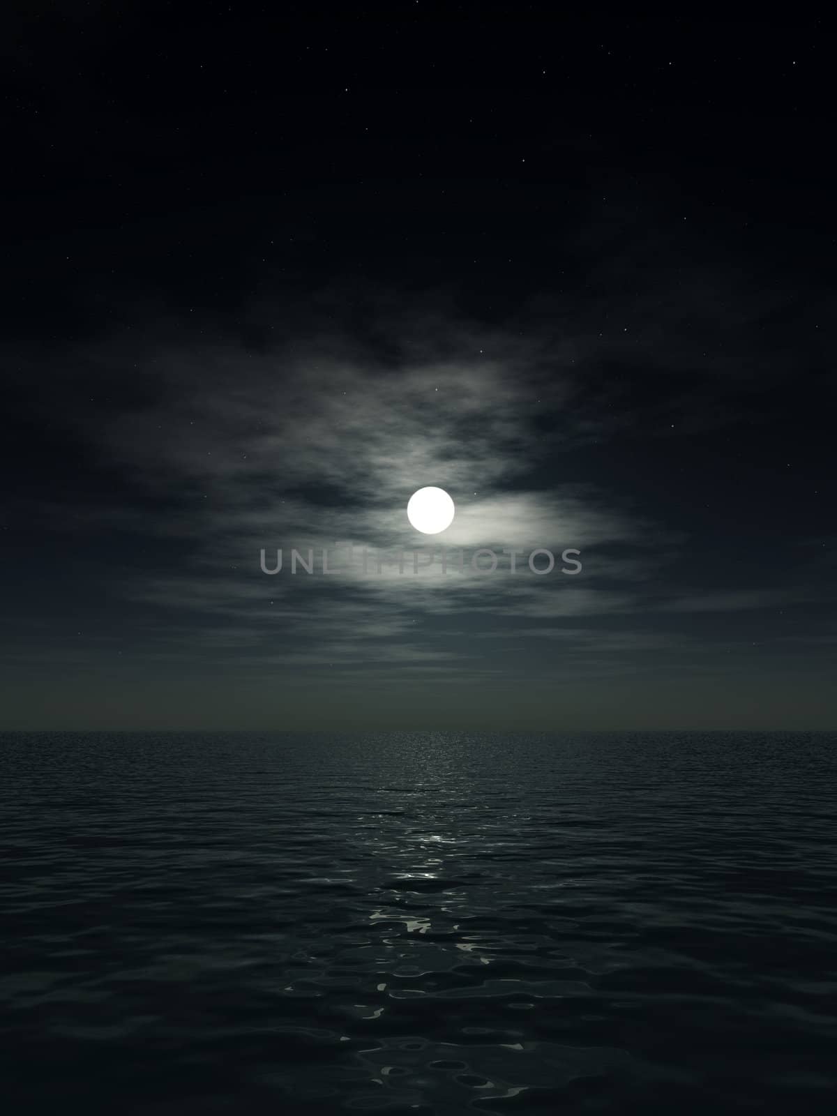 The moon over a cloudy nighttime ocean.