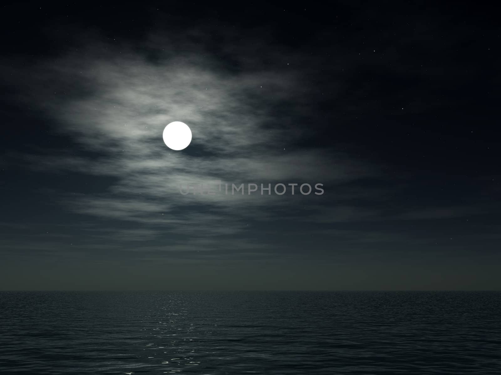 The moon over a cloudy nighttime ocean.