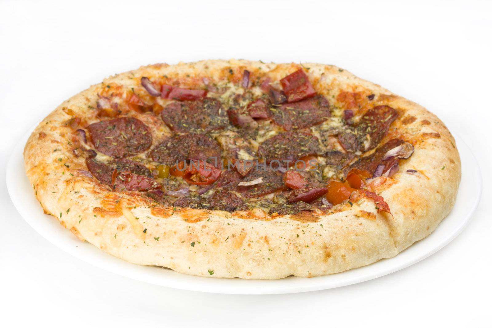 pizza on a plate on white background