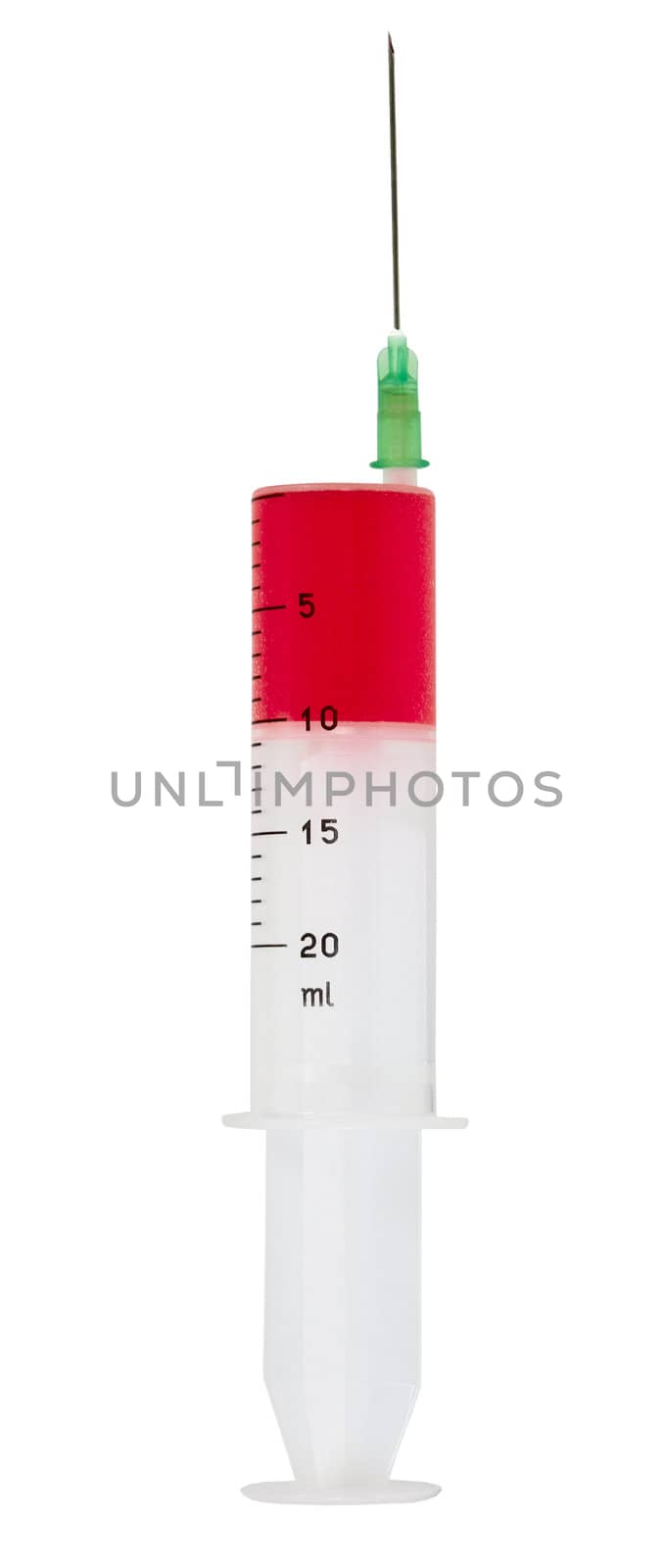 Large syringe with blood isolated on a white background