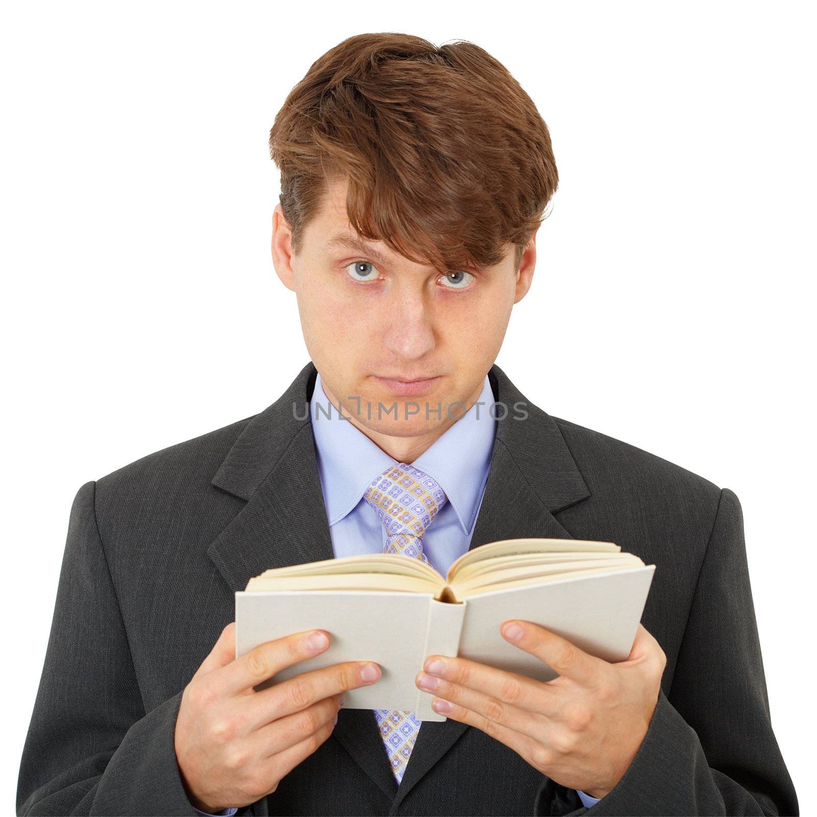 A man reads a book isolated on white background