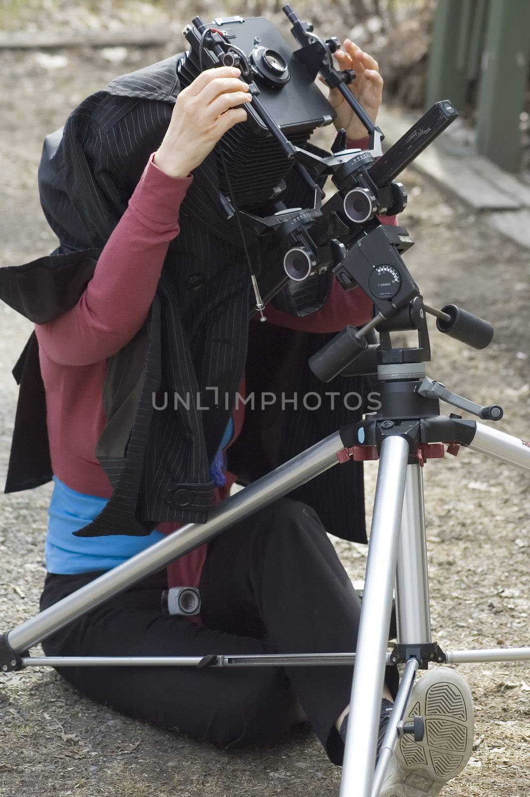 A photographer taking pictures with an old 8 by 10 camera