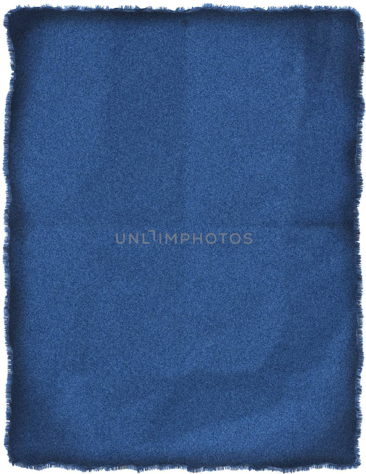 Wrinkled, old blue jeans patch on letter size paper.