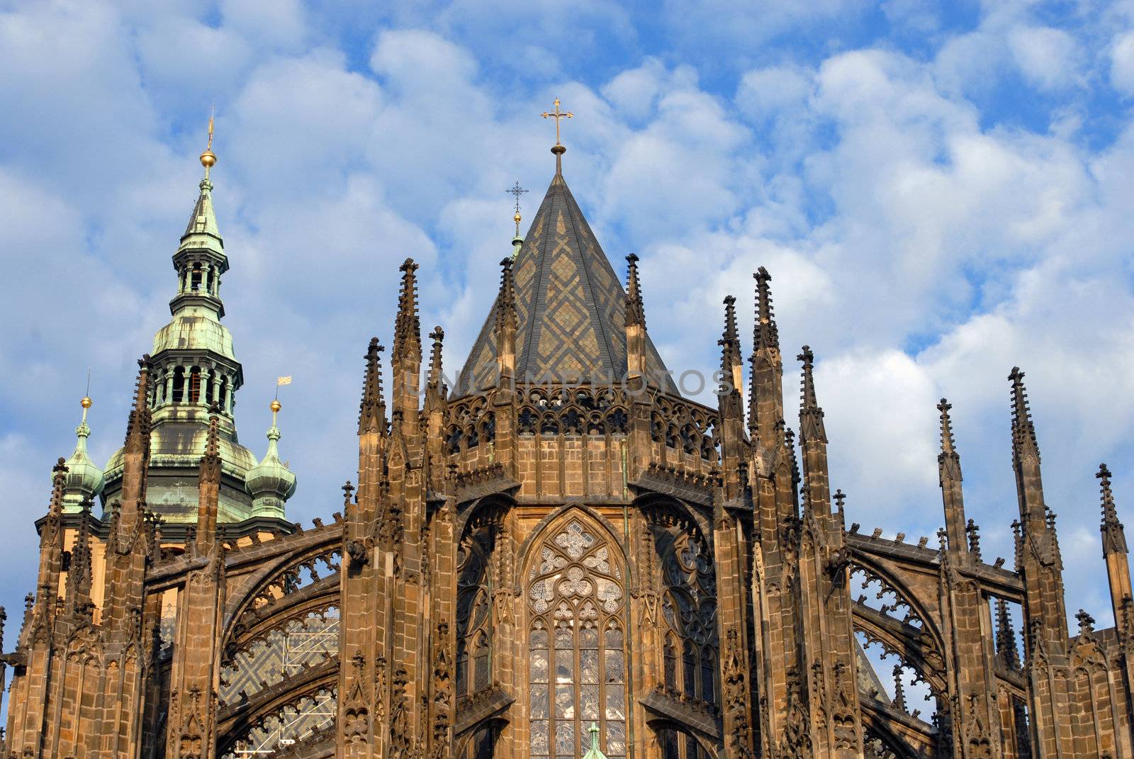 Gothic church towers rising up to the sky. 