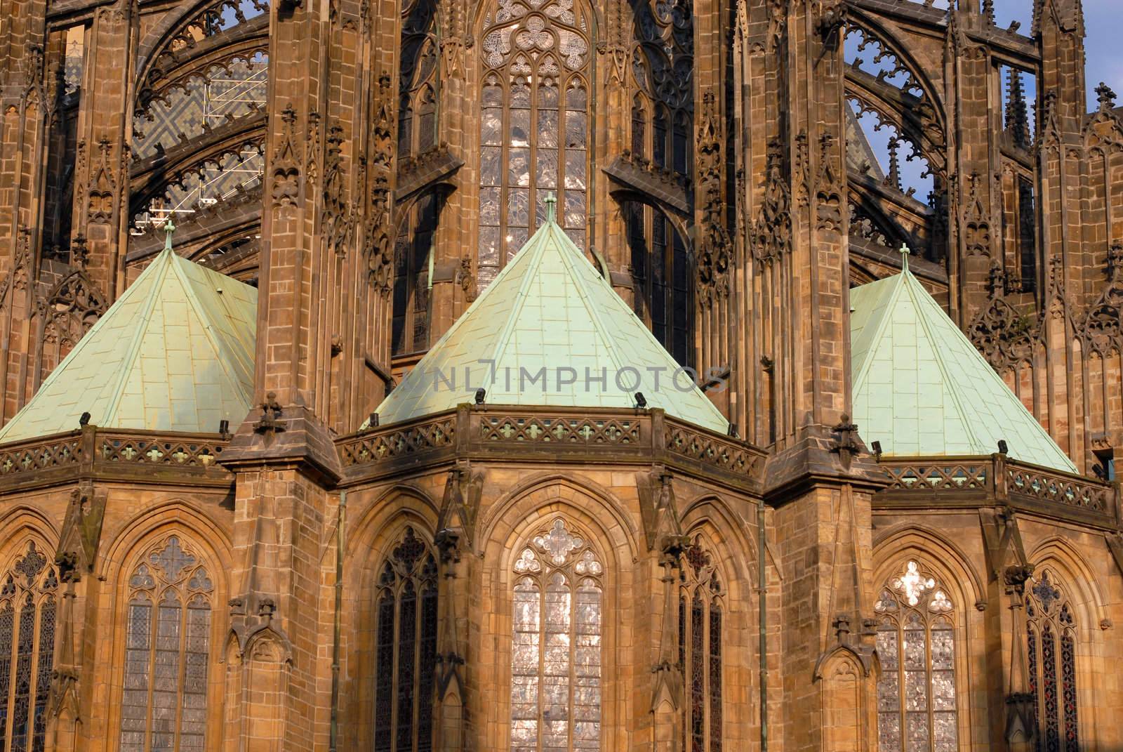 Gothic church. Towers and windows detail. Prague.