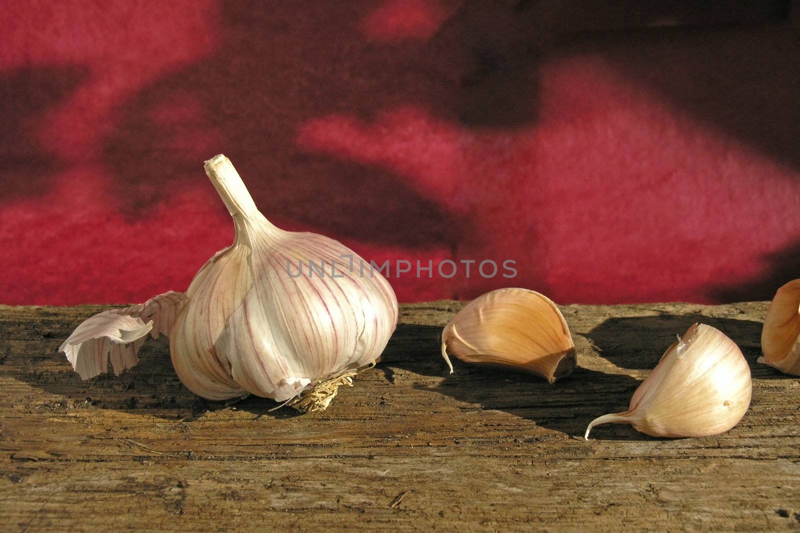 garlic on wood table (dark red background)
