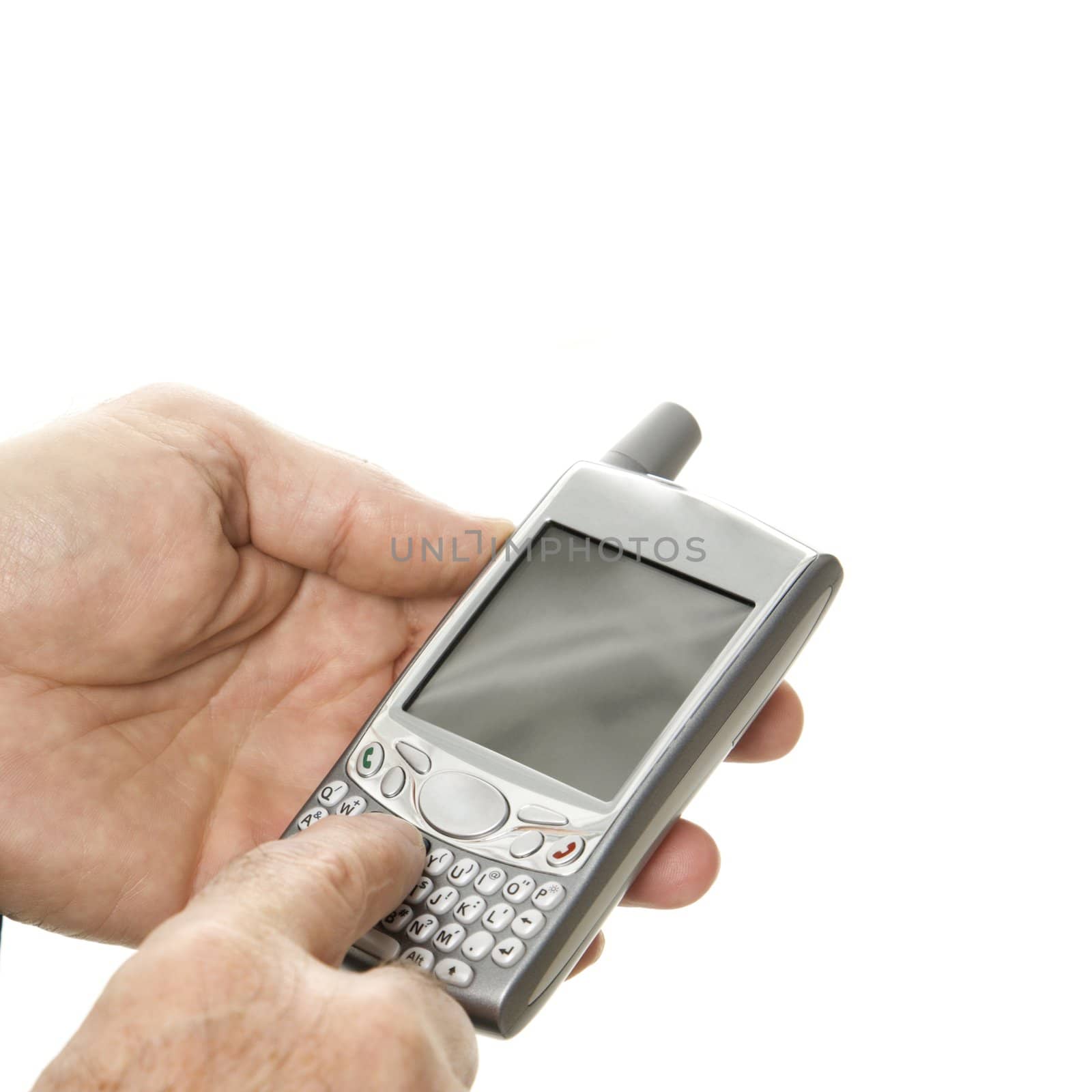 Close-up of Caucasian middle-aged businessman using handheld PDA.