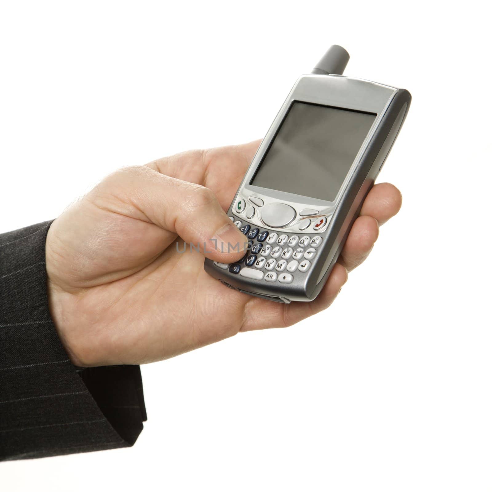 Close-up of Caucasian middle-aged businessman using handheld PDA.