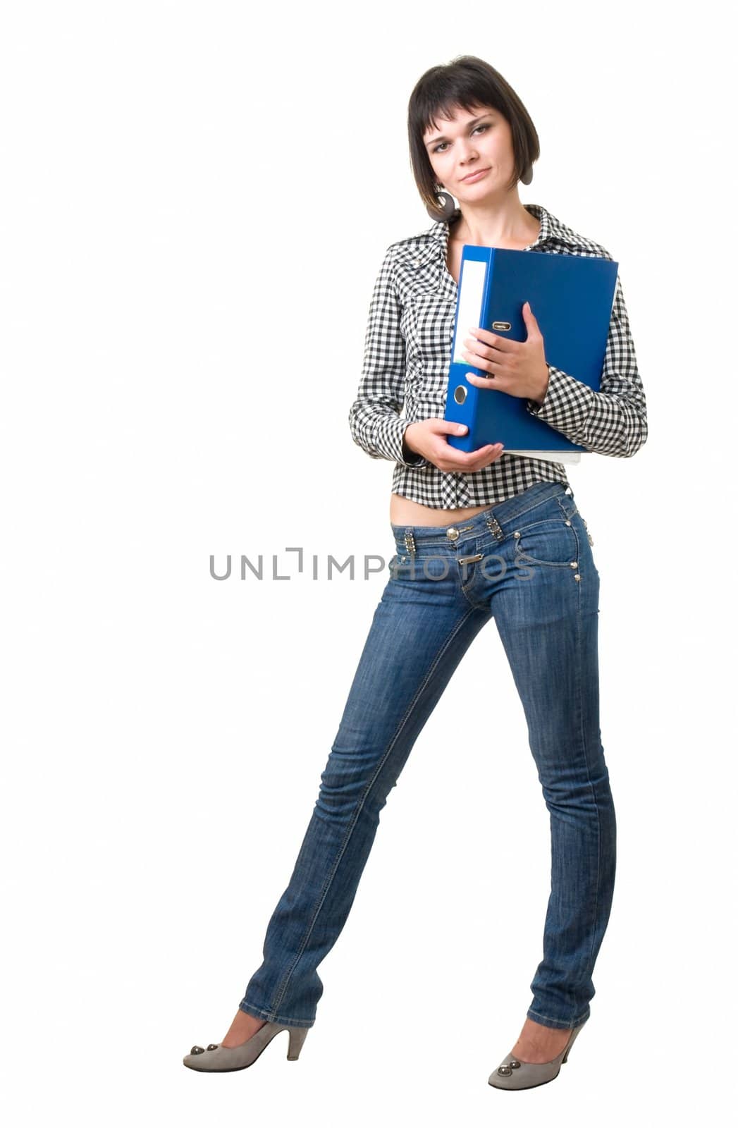 Charming student with file standing against isolated white background